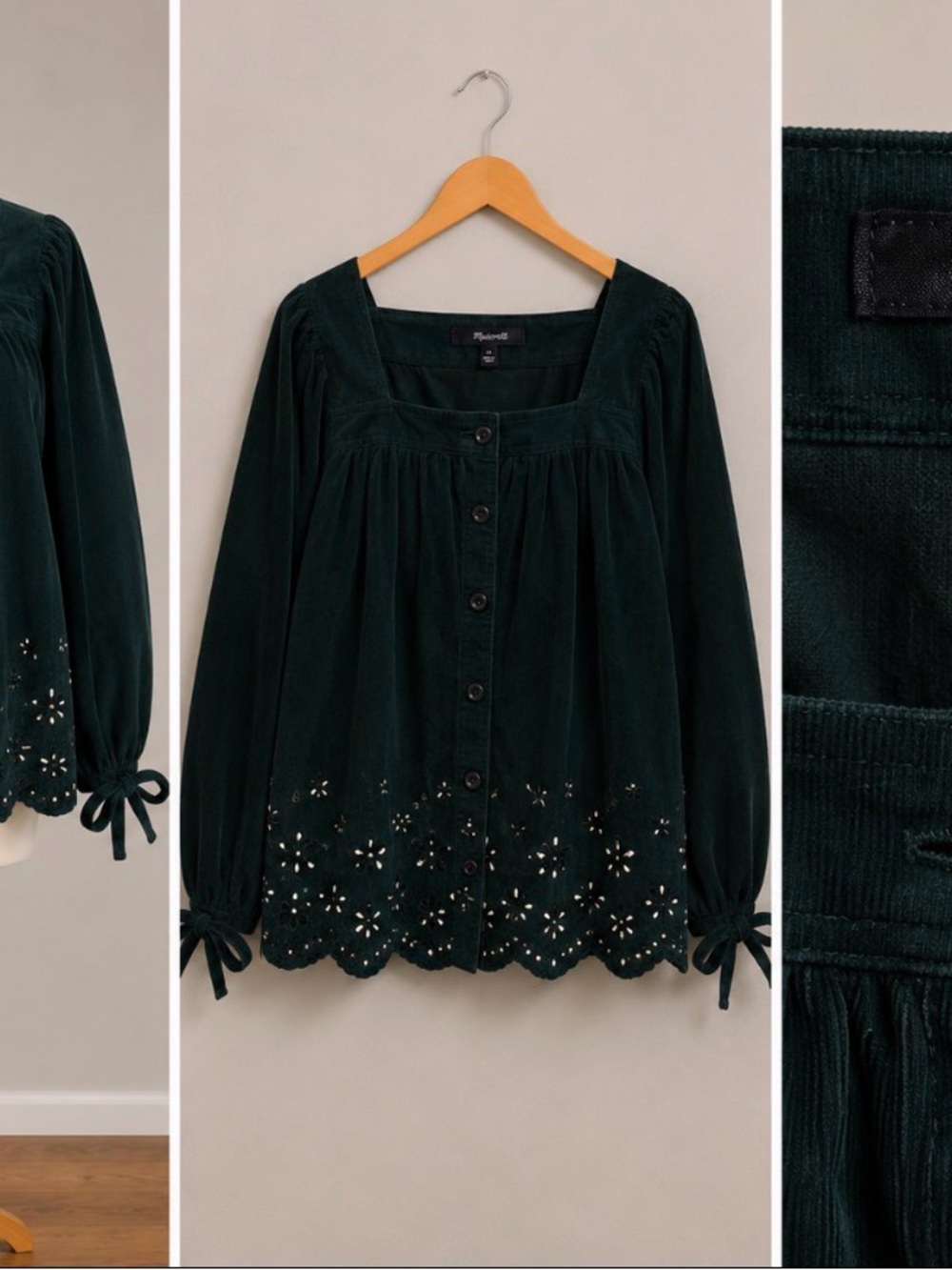 Madewell Dark Green Corduroy Eyelet-Hem Button Front Blouse